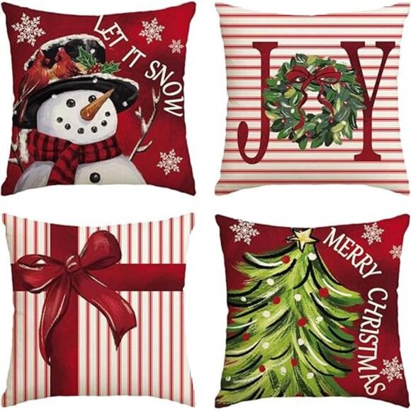 Merry Christmas Let It Snow Joy Stripes Gift Box Red Throw Pillow Covers,18x18in - Picture 7 of 7